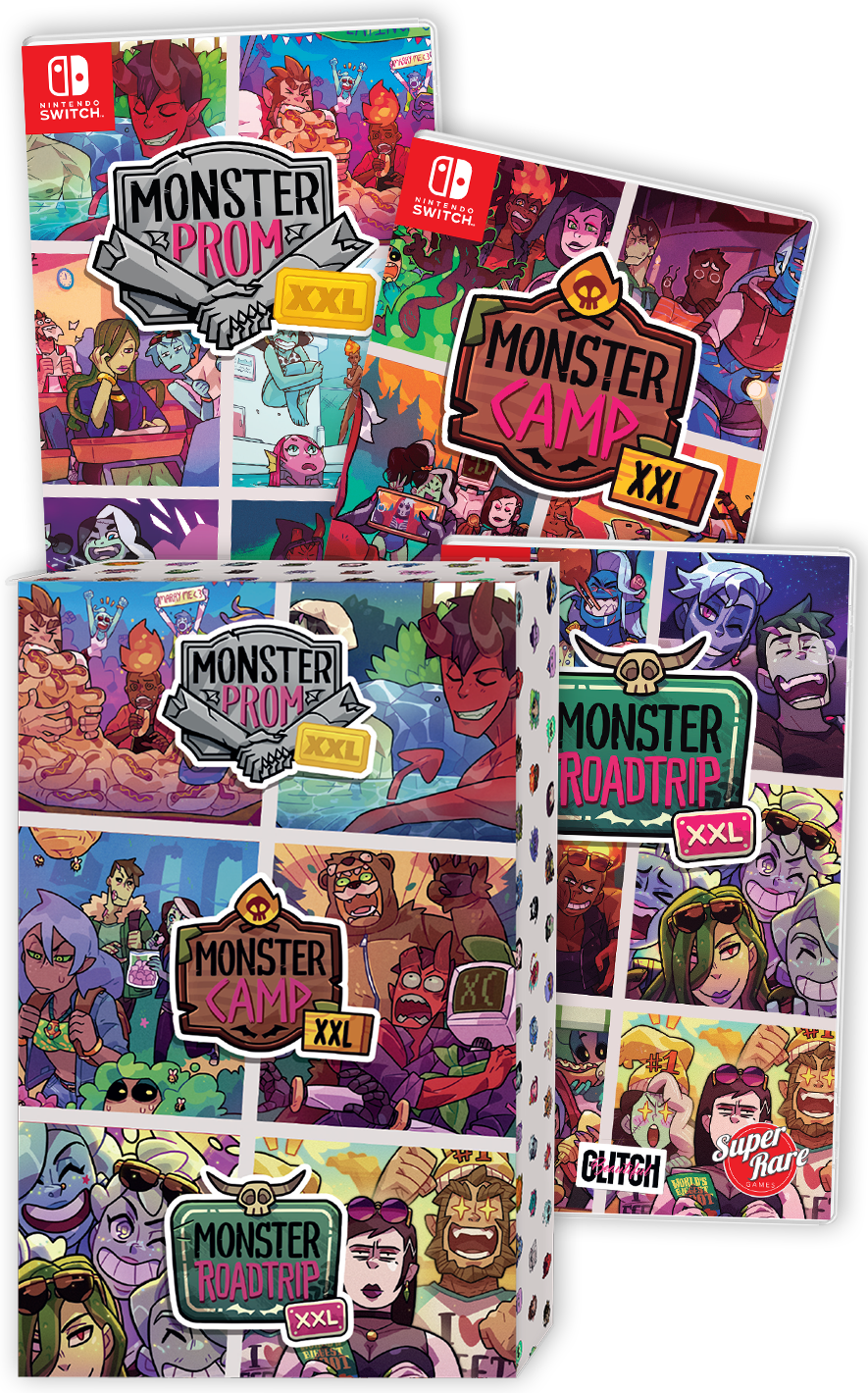 Deluxe edition box with all 3 Monster Prom Games on the front, sectioned in 3 parts. Text reads 'Monster Prom XXL, Monster Camp XXL, Monster Roadtrip XXL'.